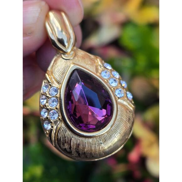 Vintage Kenneth Jay Lane Gold-Plated Teardrop Faux Amethyst & Rhinestone Pendant - Picture 1 of 9